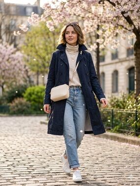 RIANI Navy Double-Breasted Trench Coat Missing Belt | US 12 | As Is